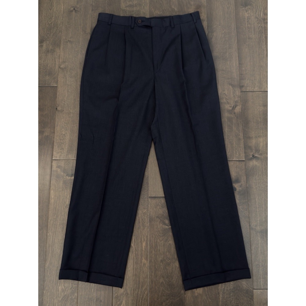 Nautica Mens Pleated Dress Pants Size 36X31 Navy Blue 100% Wool Cuffed Trousers